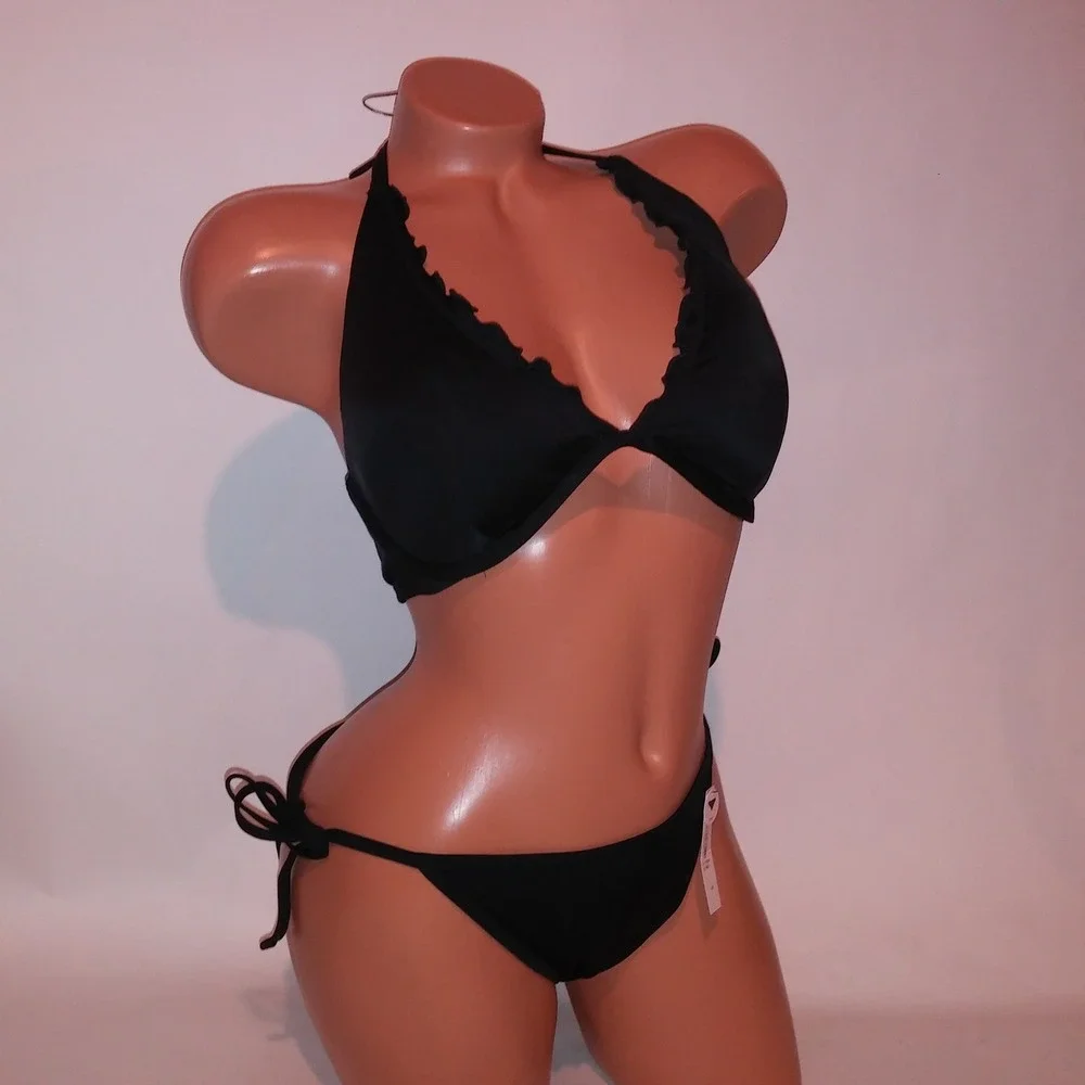 Victoria Secret Swim Bikini 36D Top Large Bottom Solid Black Ruffle Trim String